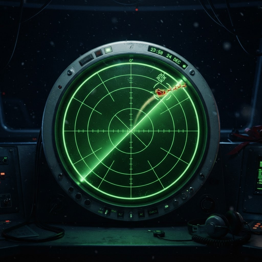 Radar scope tracking Santa's sleigh across North America